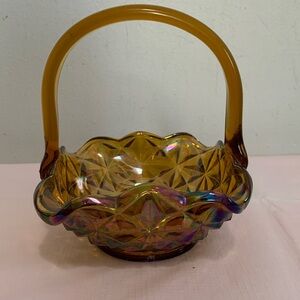 Amber Carnival Glass Basket with Handle 7”